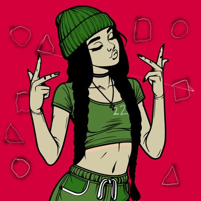 realistic teenage girl with braids and a beanie and crop top doing 🫶🏼