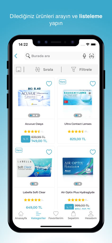 Lensoptik.com - Product listing page of the Lensoptik mobile app showing various contact lens brands and prices.