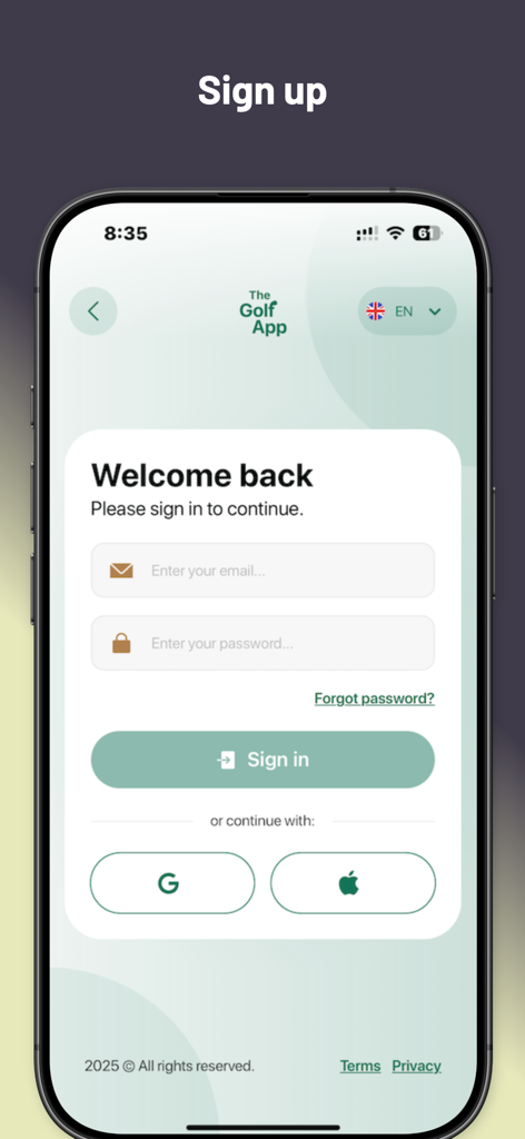 The Golf App | All-in-one - The Golf App login screen with email and password fields plus Google and Apple sign in options