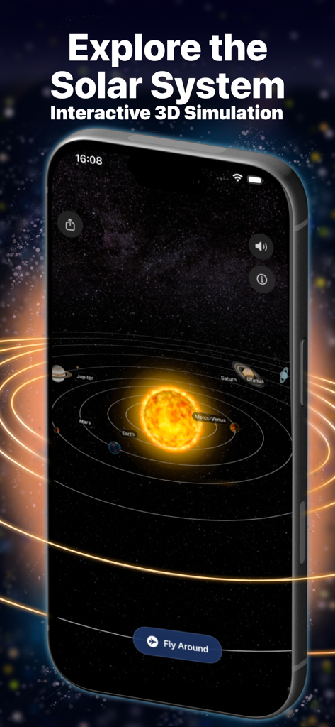 Planetarium 3D - A smartphone showing an interactive 3D simulation of the solar system with the sun and planets in orbit