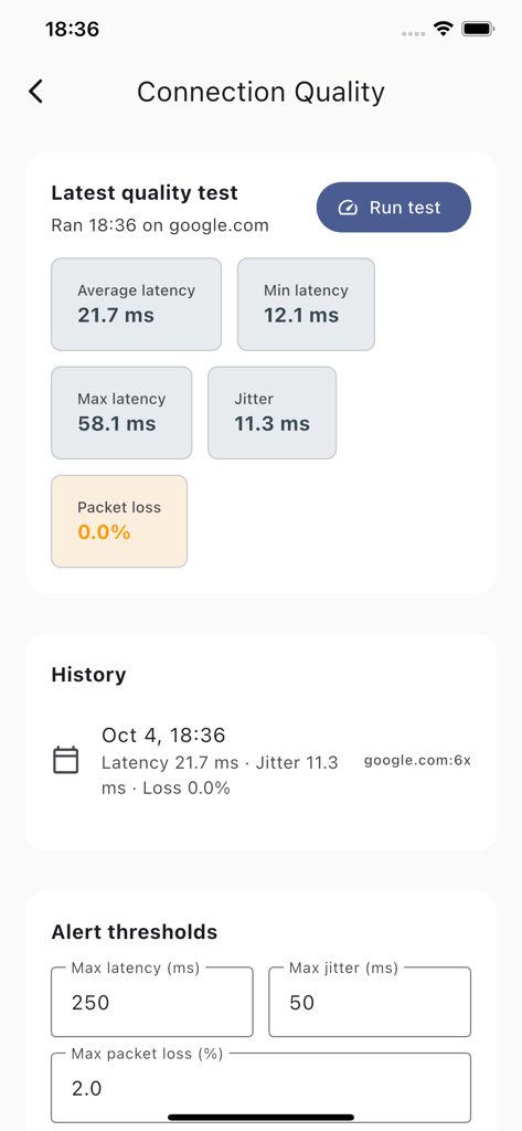 Connection quality dashboard in Network Monitor Pro displaying latency jitter and packet loss statistics