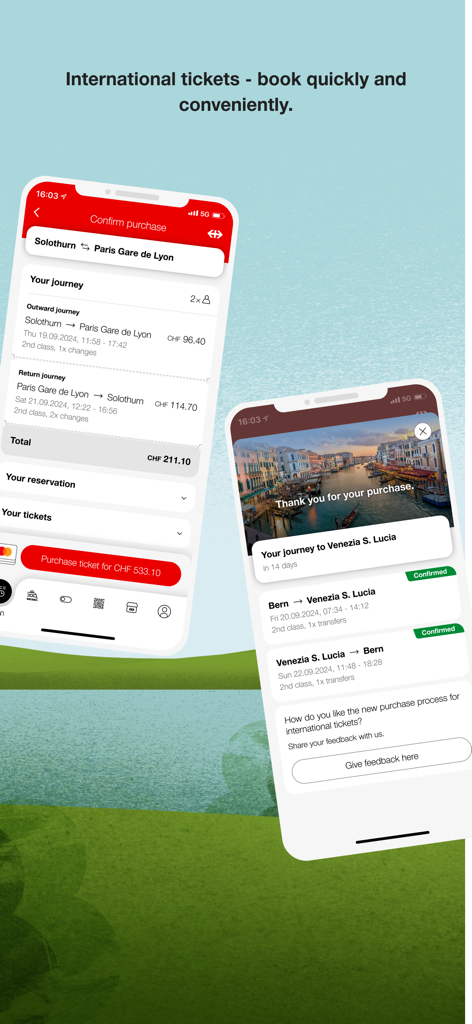 SBB Mobile app screens showing international train ticket booking for Paris and Venice