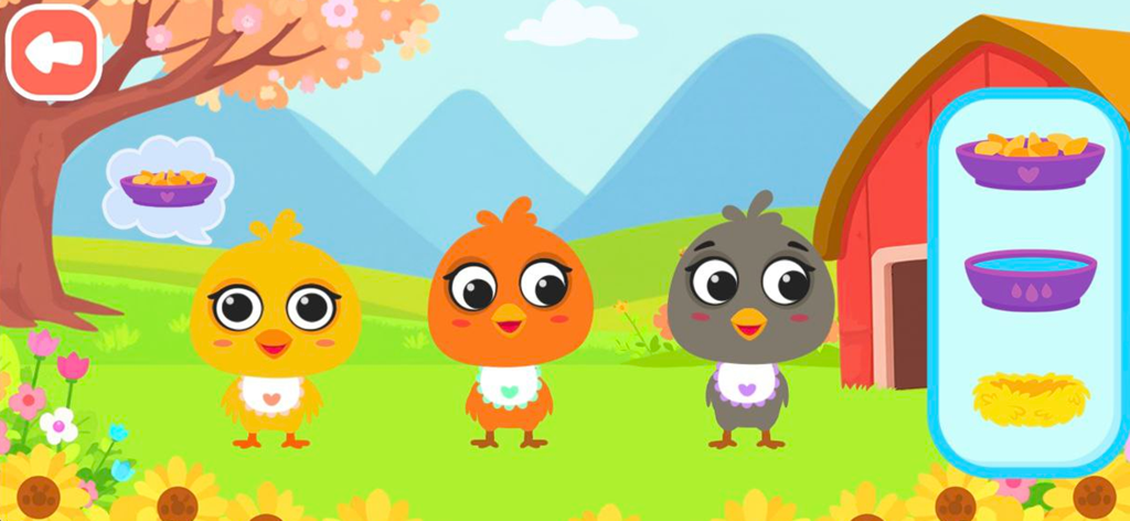 Farming game: Animal farm life - 農場の畑で、よだれかけをした3羽のカラフルなひよこが餌のメニューの隣に立っている