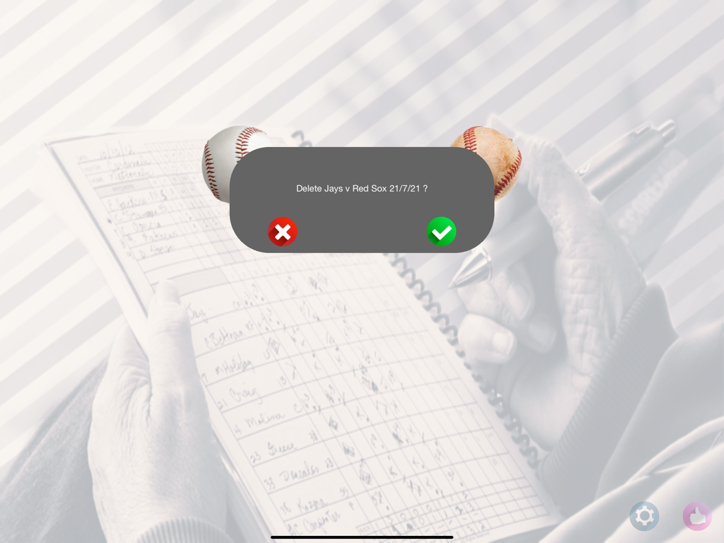 Scorecards - Confirmation dialog to delete a baseball game scorecard on iPad