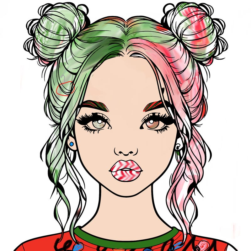 realistic girl with two buns in hair and lips