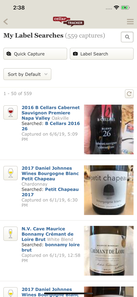 A list of past wine label searches and captures within the CT Legacy Version app showing bottle photos and vintage names