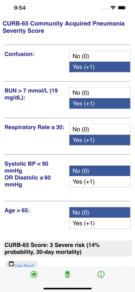 Interfaz de cálculo de la puntuación de gravedad de la neumonía CURB-65 en la aplicación médica CliniCompute