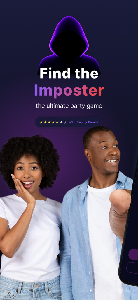 Promotional graphic for Imposter party word game featuring two excited friends and a hooded silhouette icon
