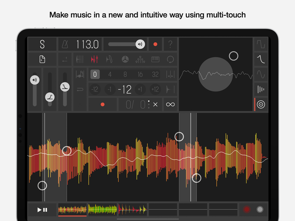 Interface do aplicativo Samplr para iPad mostrando manipulação de forma de onda de áudio multi-toque e ferramentas profissionais de produção musical