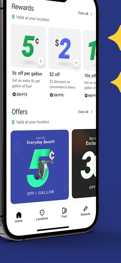 Schermata delle offerte premi dell'app Earnify che mostra premi e offerte per carburante e minimarket