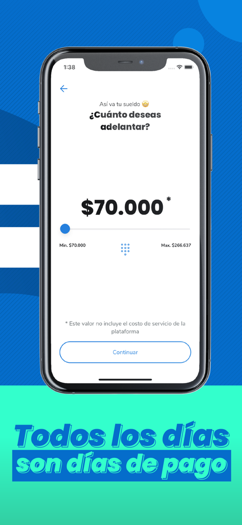 Interfaz de la app móvil para seleccionar un monto de adelanto de salario en la app Advance.