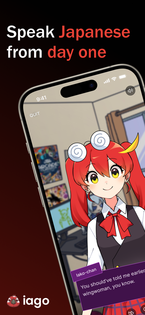 iago - Learn Japanese - An iPhone displaying the Iago Japanese language learning app featuring an anime-style visual novel scene.