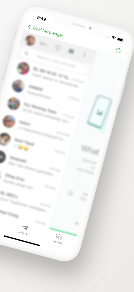 Messenger Web Dual for WA - Interfaz de Messenger Web Dual mostrando opciones de chat integradas para Telegram y WeChat