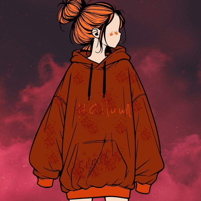 realistic girl with a oversized sweatshirt on and a bun