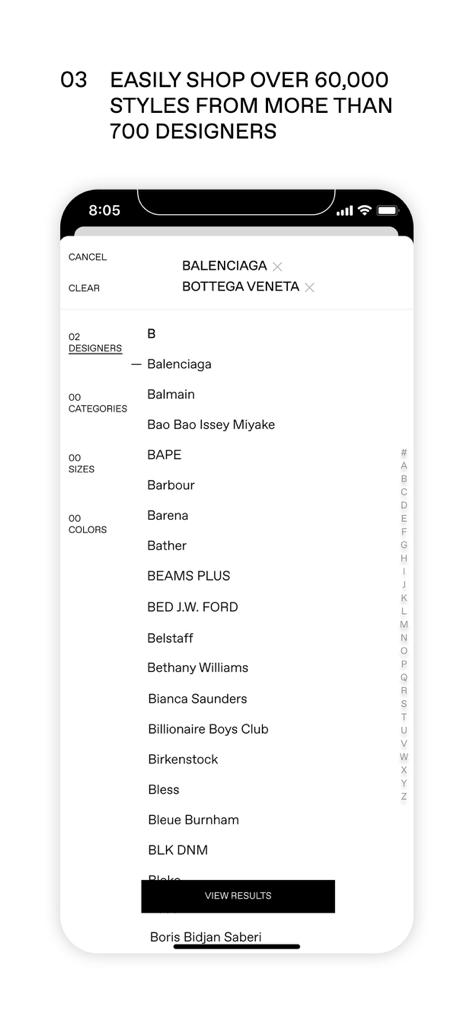 Interface of the SSENSE app displaying a designer selection list and search filters