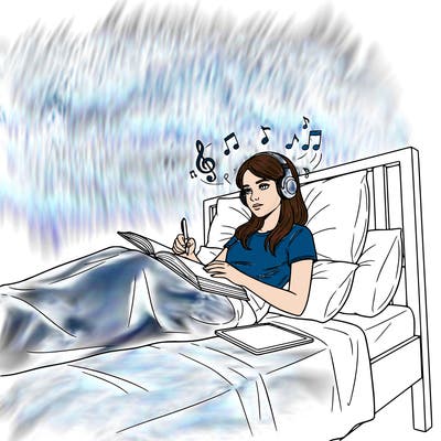 girl studying on bed and listening to music