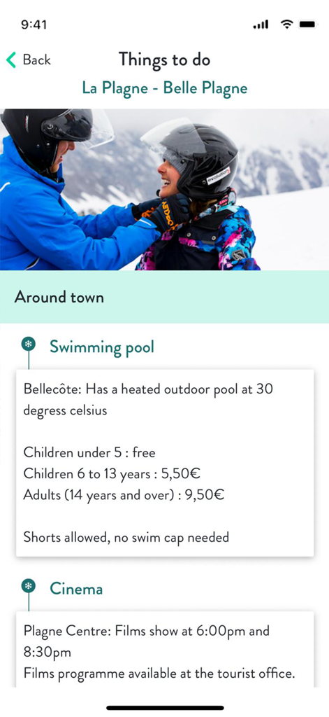 Crystal Ski Explorer - Crystal Ski Explorer app showing resort activities in La Plagne including swimming pool and cinema details