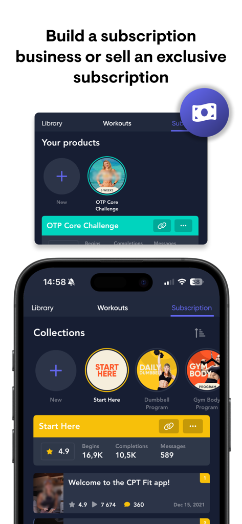 Playbook Creator - A mobile dashboard for fitness creators showing workout collections and subscription business metrics.