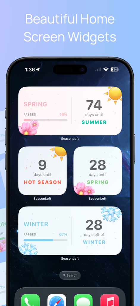 Widgets minimalistas da tela inicial do iOS mostrando contagens regressivas sazonais para Primavera, Verão e Inverno