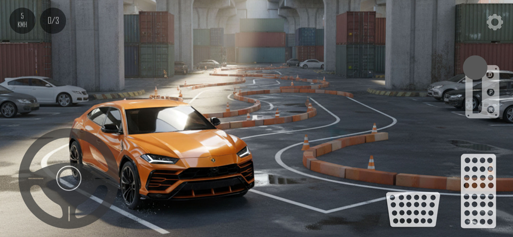 An orange luxury SUV navigating an obstacle course in a car parking simulator