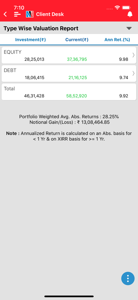 NJ Client Desk - NJ Client Desk app screen displaying a type wise valuation report with equity and debt investment data
