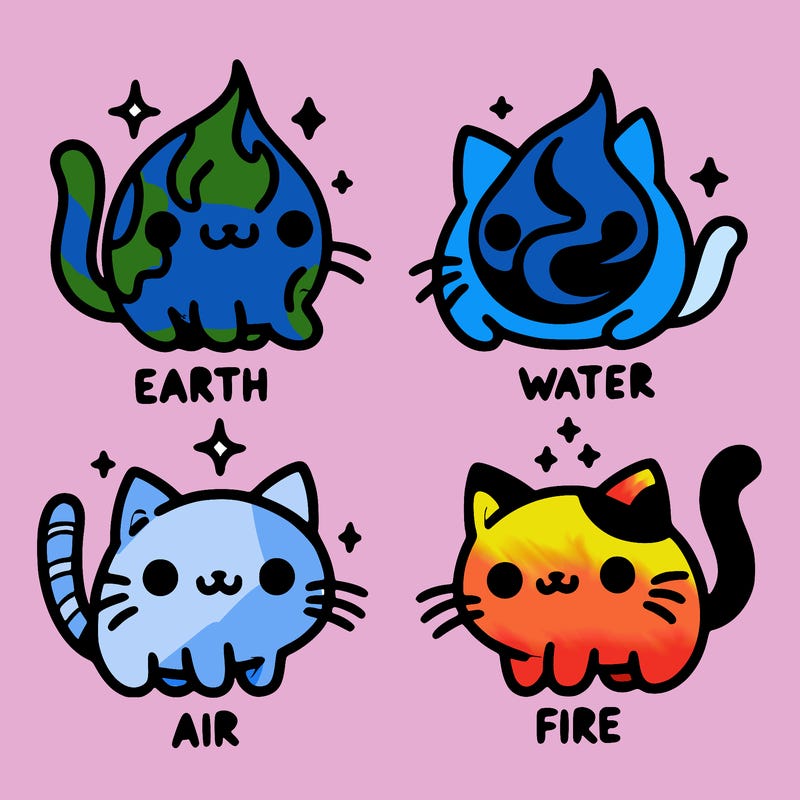 4 cats that represent the different elements, earth, water, air, and fire