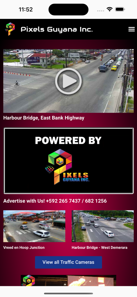 Pixels Guyana Inc. - Pixels Guyana Inc. mobile app interface showing live traffic camera feeds for Harbour Bridge and Vreed en Hoop Junction.