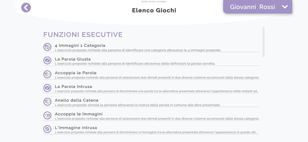 hOLDer - hOLDer 앱에서 치매 치료를 위한 실행 기능 인지 훈련 게임 목록을 보여주는 인터페이스