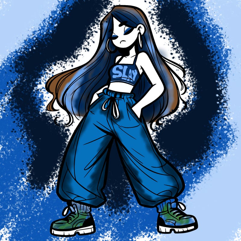 girl in baggy pants crop top and long hair