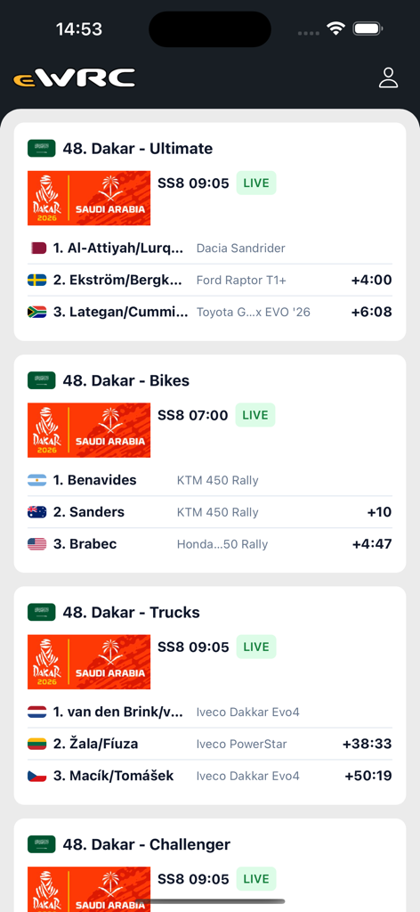 eWRC results - Live leaderboards for multiple Dakar Rally categories displayed in the eWRC results mobile app
