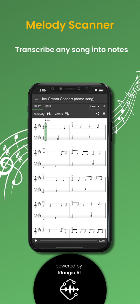 Tela de smartphone mostrando o aplicativo Melody Scanner transcrevendo uma música em partitura de piano