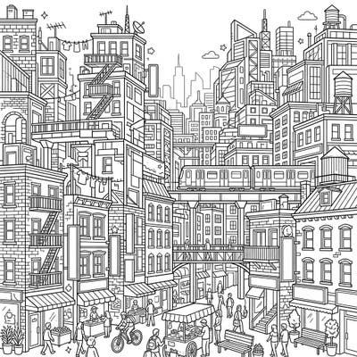 Dive into the dynamic energy of city life with this intricate urban landscape coloring page designed for adults. This highly detailed illustration captures the vibrant rhythms and unique architecture of a bustling metropolis, offering hours of engaging creative escape.