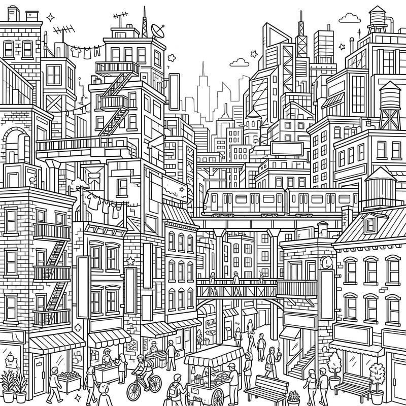 Dive into the dynamic energy of city life with this intricate urban landscape coloring page designed for adults. This highly detailed illustration captures the vibrant rhythms and unique architecture of a bustling metropolis, offering hours of engaging creative escape.