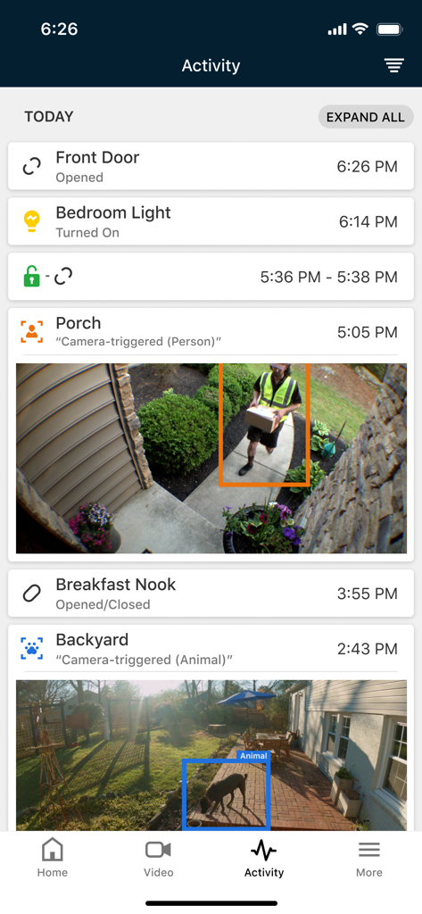 Activity feed in the Securitas Connect app displaying smart home security events and camera notifications