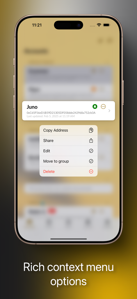 Binance Smart Chain Explorer app interface showing a context menu with options to copy, share, and edit a wallet address on an iPhone.