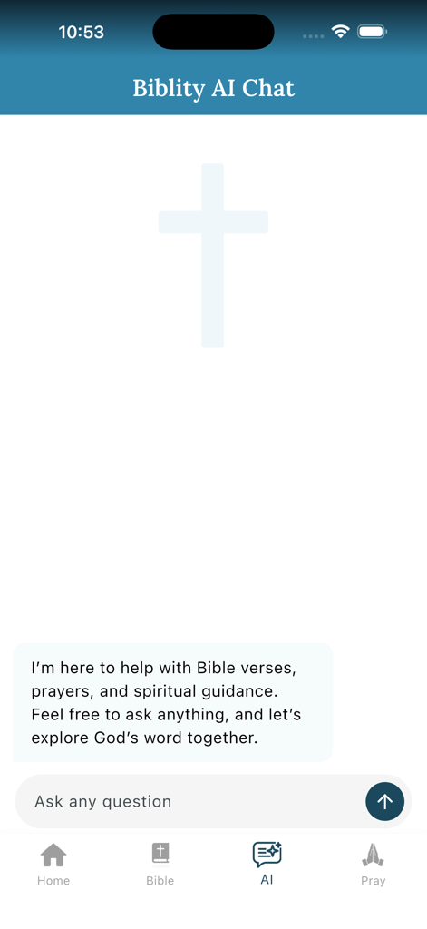 Biblity app AI chat interface showing spiritual guidance and bible study features.