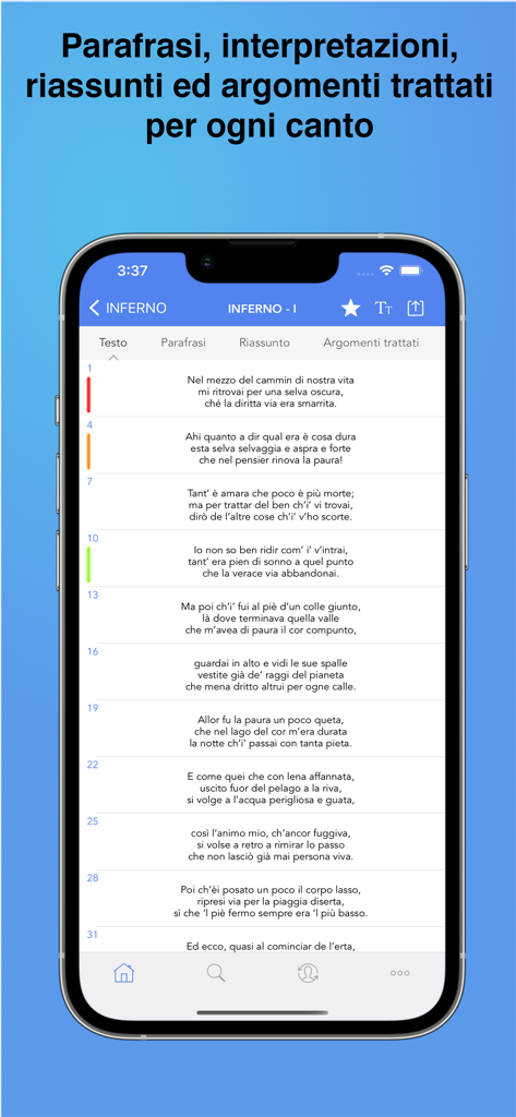 Divina Commedia - Divina Commedia app interface displaying the original Italian text of Dante Alighieri's Inferno Canto I.