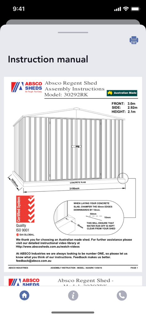 Absco Sheds Assembly App - Digital instruction manual for an Absco Regent Shed assembly within the mobile app