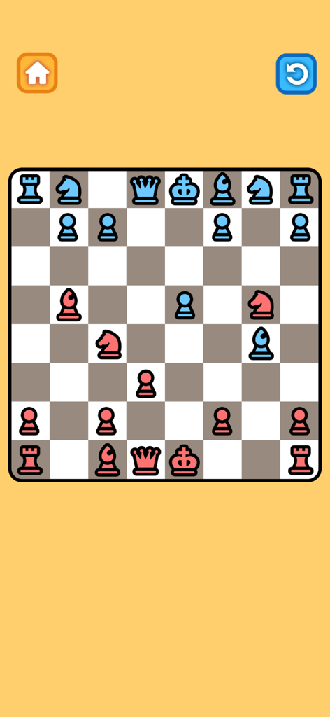 A minimalist chess game interface with blue and red pieces on a yellow background