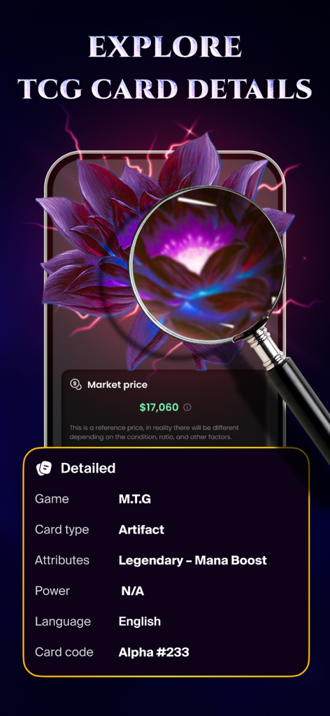 TCGScan - Poke Card Scanner - TCGScan app displaying market price and detailed card specifications for a trading card