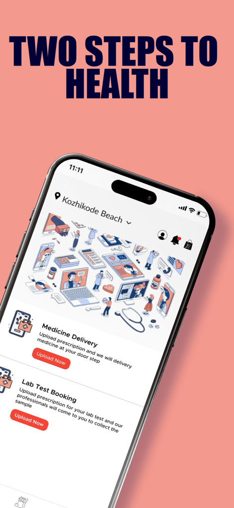 Potafo: Food Delivery App - Potafo app interface showing medicine delivery and lab test booking services for users in Kozhikode