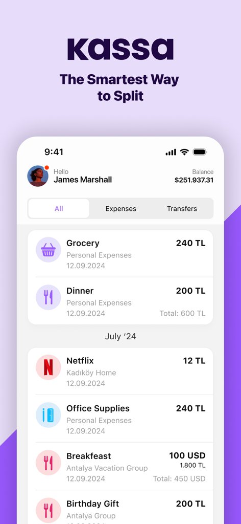 Interface of Kassa app showing categorized expenses and account balance