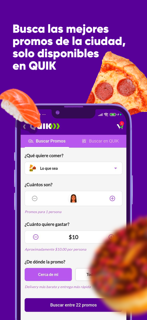 QUIK: Pago y Delivery - Interfaz de la aplicación QUIK mostrando una pantalla de búsqueda de promociones de comida con filtros por tipo de cocina, número de personas y presupuesto.