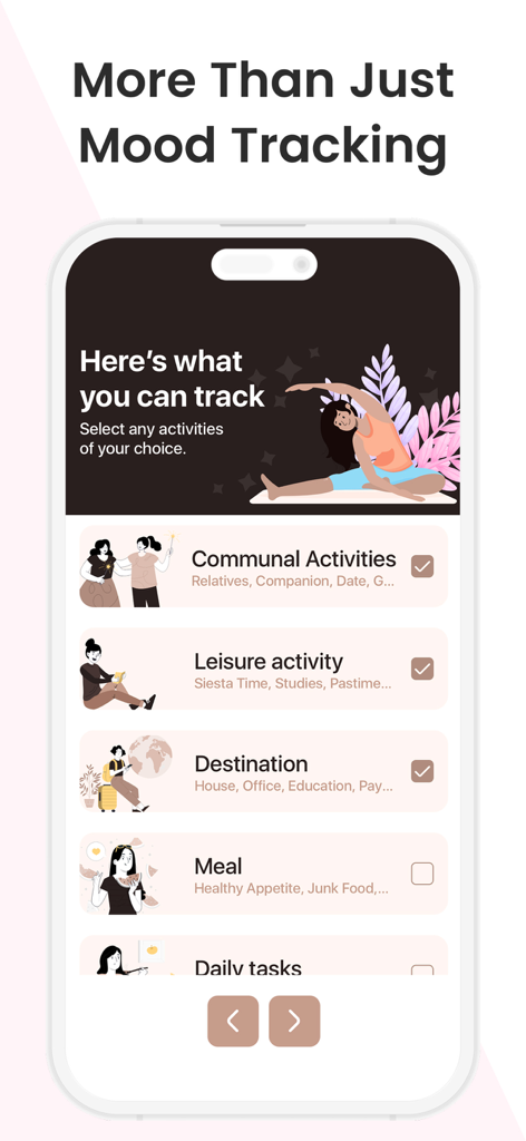 Uma tela de aplicativo móvel listando categorias para rastrear atividades diárias e humores.