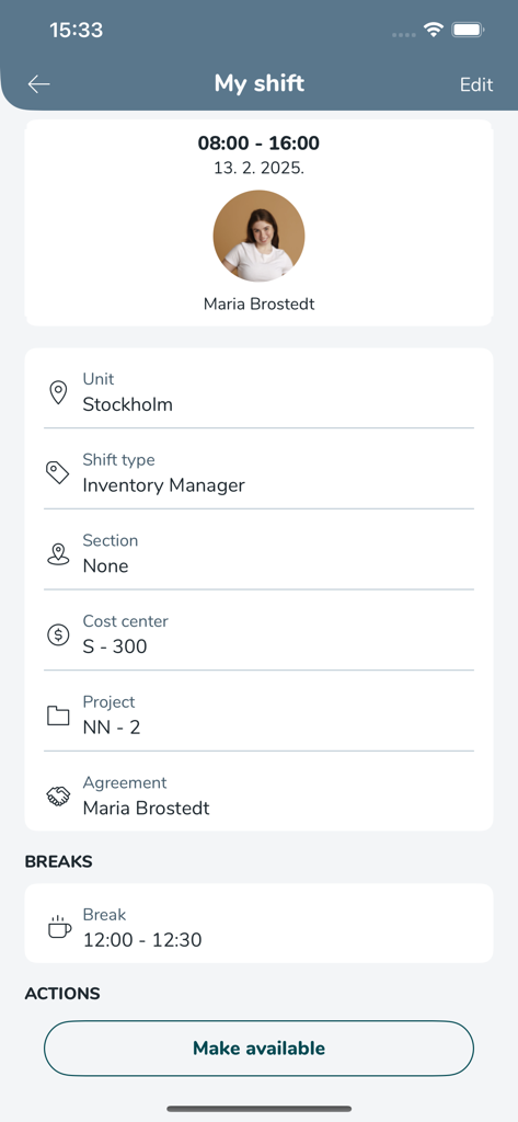 Quinyx Mobile - Quinyx Mobile app screen showing a shift summary with work hours, location, role as inventory manager, and break schedule.