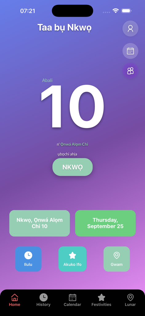 Onwá - Onwa app interface showing the Igbo lunar date aligned with the Gregorian calendar for Thursday September 25th.