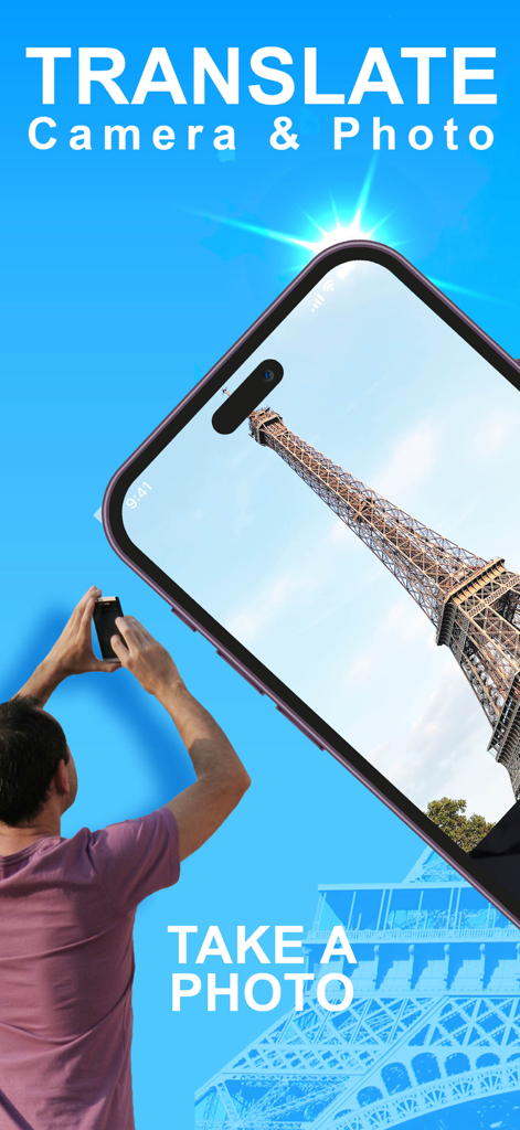 A person using a smartphone to take a photo of the Eiffel Tower for instant camera translation with the Snap Translator app