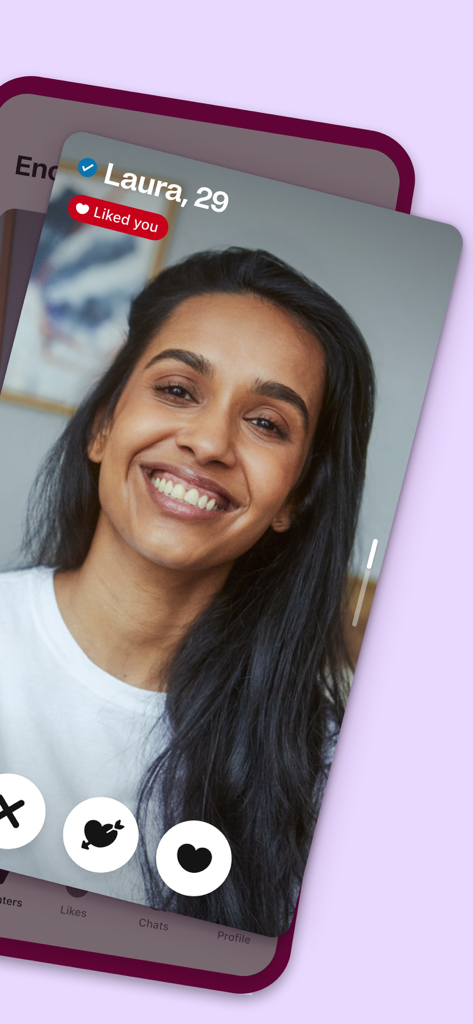 「いいね！」済みバッジが付いた認証済みプロフィールを示すBadoo Premiumユーザーインターフェース