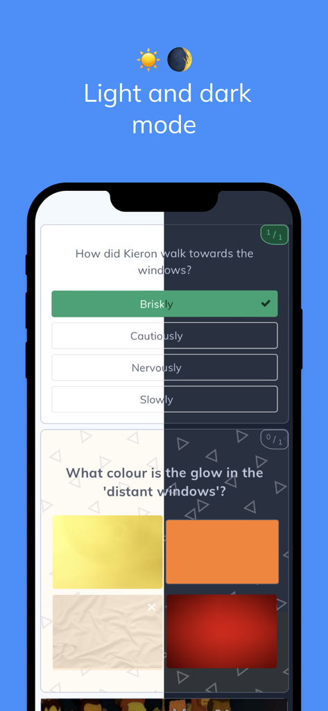 Seneca - Split screen showing Seneca app quiz interface in light and dark modes