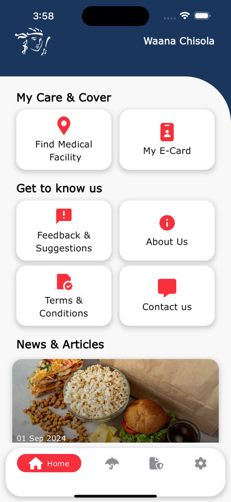 Prudential Insurance Zambia - Interface da tela inicial do aplicativo móvel Prudential Insurance Zambia mostrando opções de gerenciamento de seguro